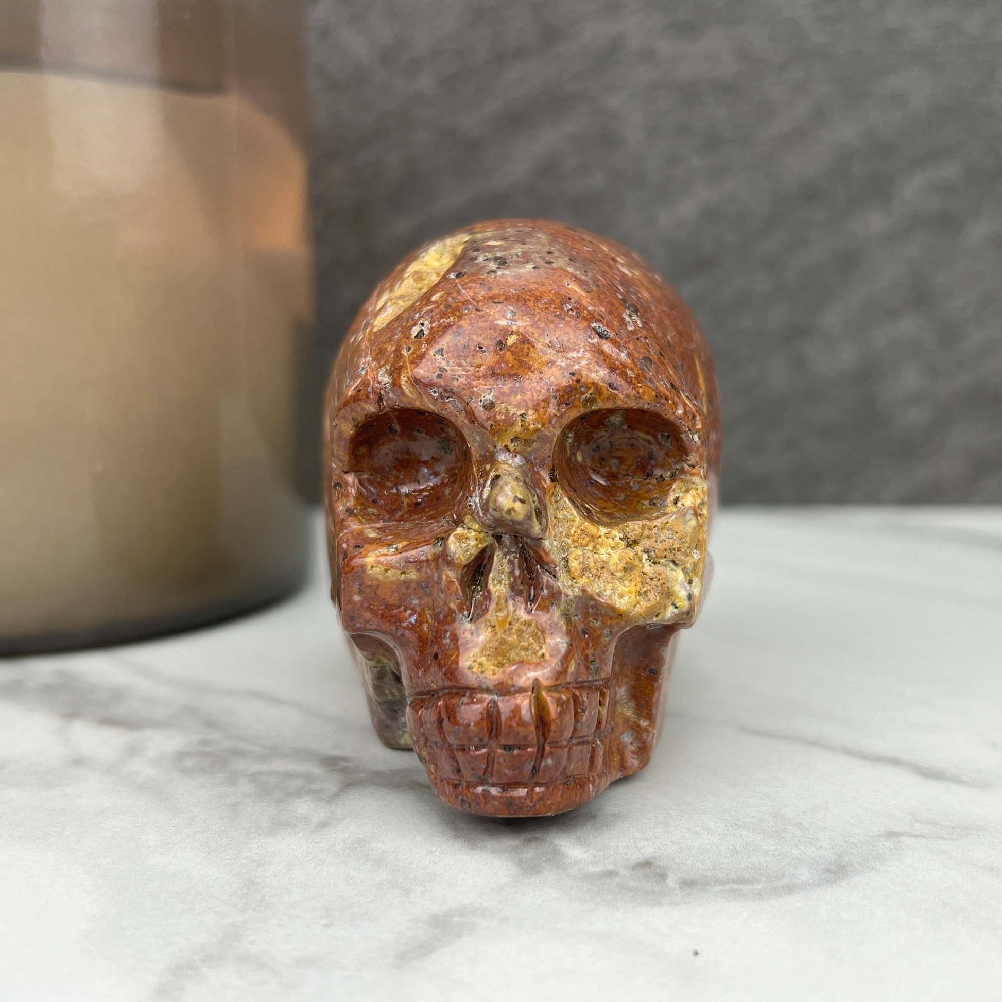 Rare Volcanic Red Fox (Orrelanite) Botryoidal Agate Skull Carving