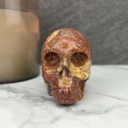 Rare Volcanic Red Fox (Orrelanite) Botryoidal Agate Skull Carving