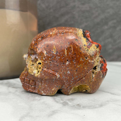 Rare Volcanic Red Fox (Orrelanite) Botryoidal Agate Skull Carving
