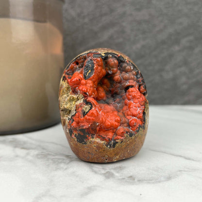 Rare Volcanic Red Fox (Orrelanite) Botryoidal Agate Skull Carving