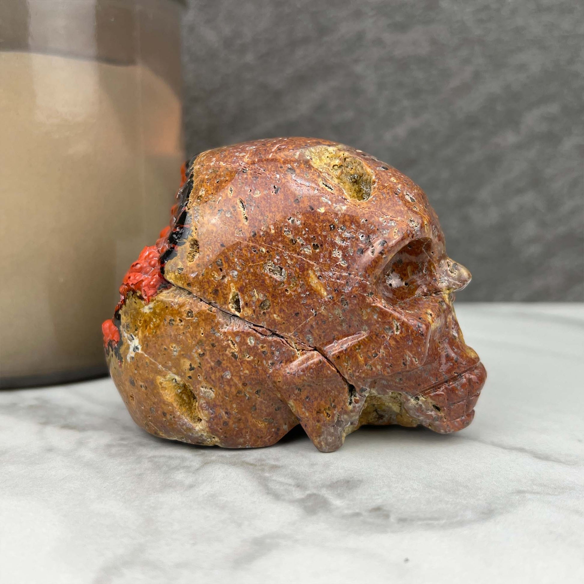Rare Volcanic Red Fox (Orrelanite) Botryoidal Agate Skull Carving