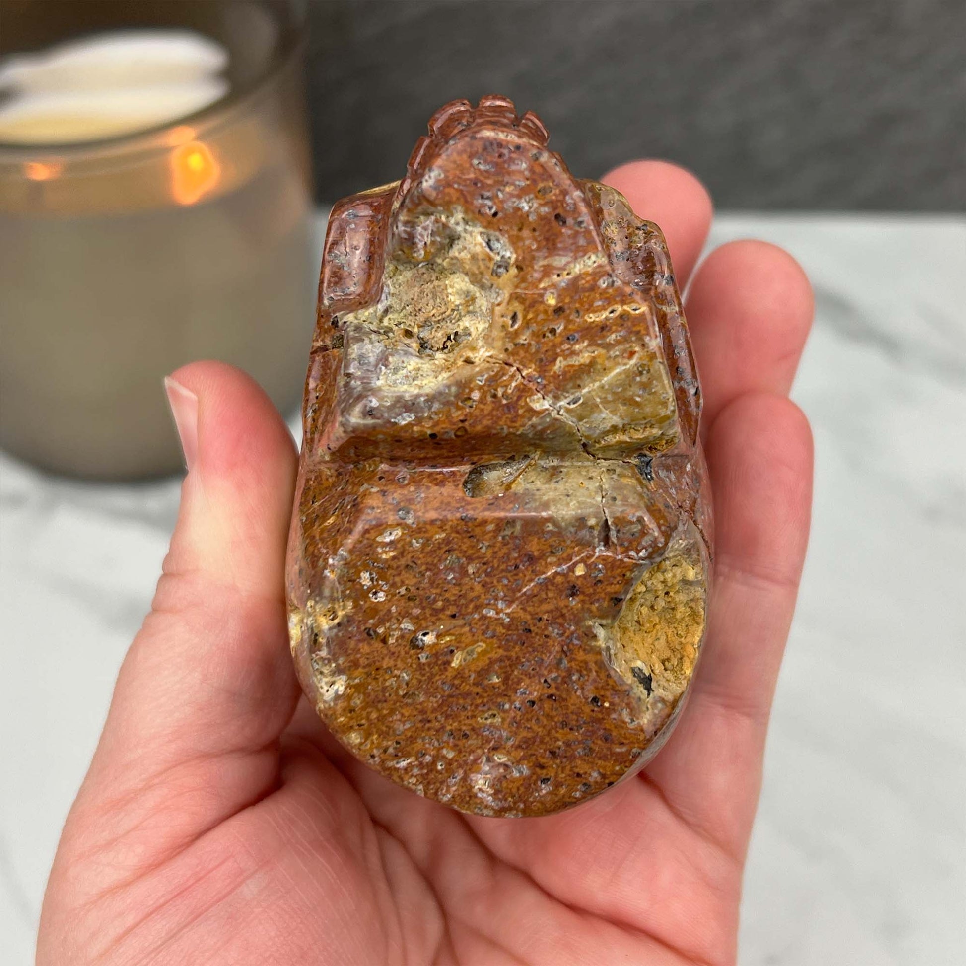Rare Volcanic Red Fox (Orrelanite) Botryoidal Agate Skull Carving