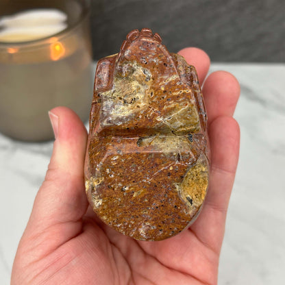 Rare Volcanic Red Fox (Orrelanite) Botryoidal Agate Skull Carving