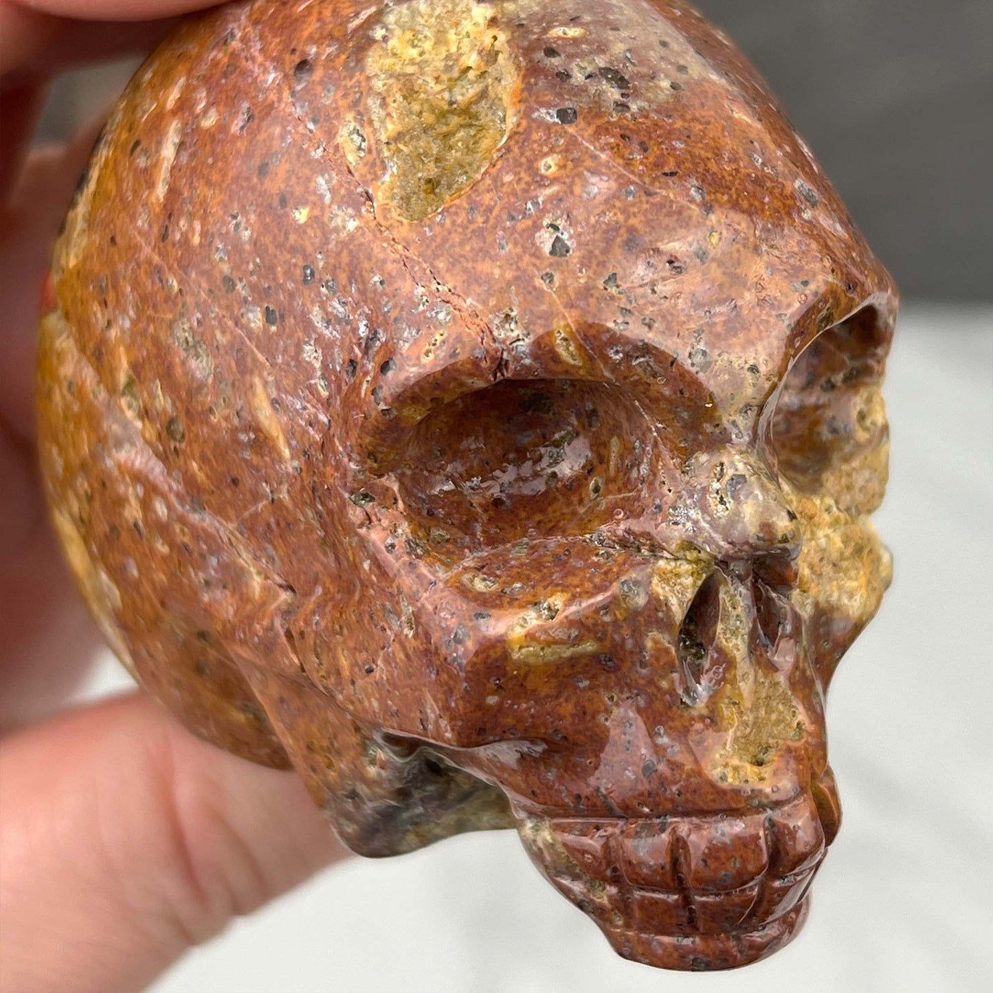 Rare Volcanic Red Fox (Orrelanite) Botryoidal Agate Skull Carving