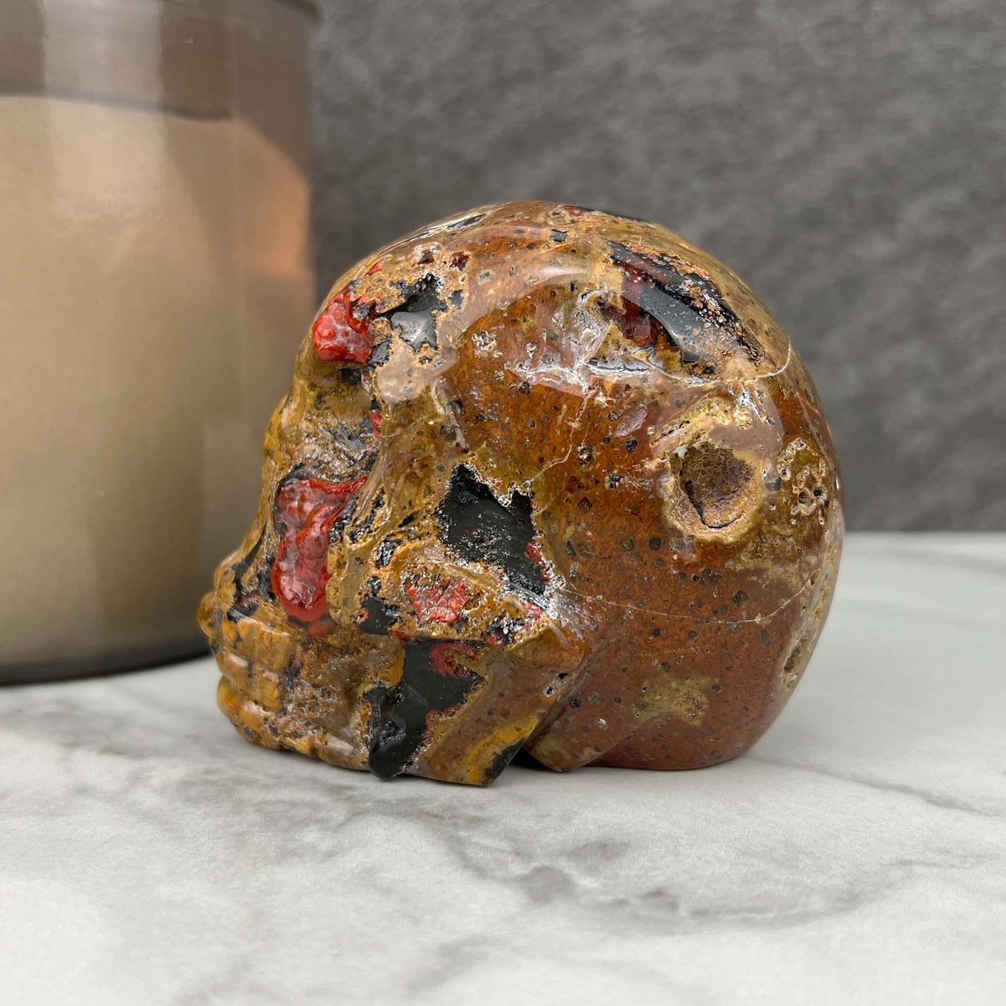 Rare Volcanic Red Fox (Orrelanite) Botryoidal Agate Skull Carving