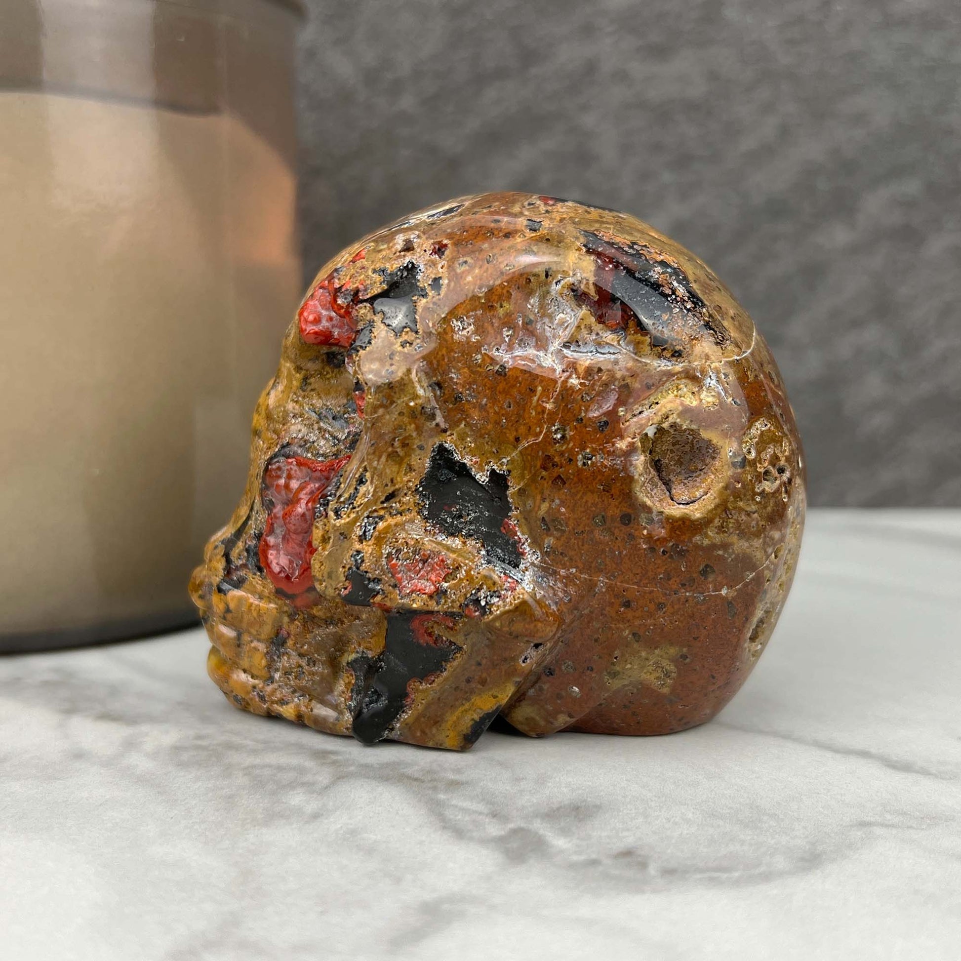Rare Volcanic Red Fox (Orrelanite) Botryoidal Agate Skull Carving