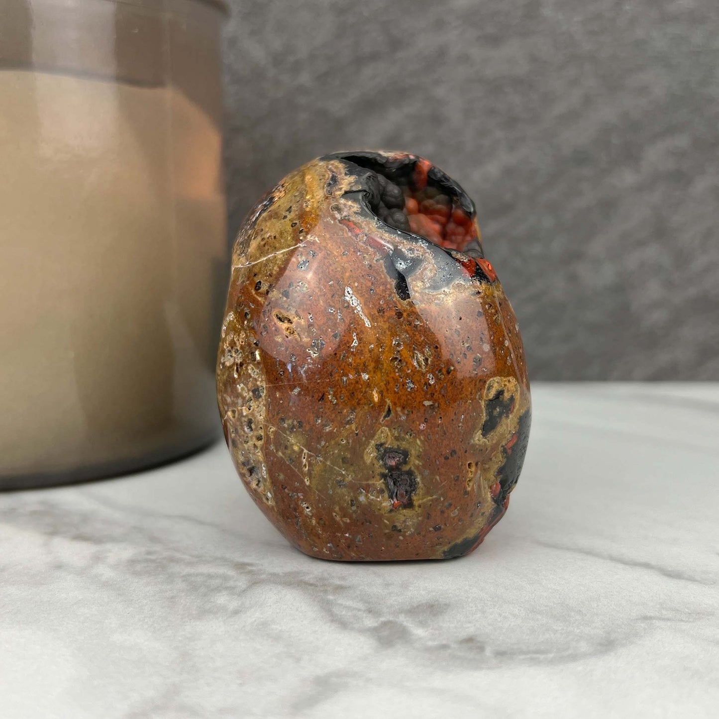 Rare Volcanic Red Fox (Orrelanite) Botryoidal Agate Skull Carving