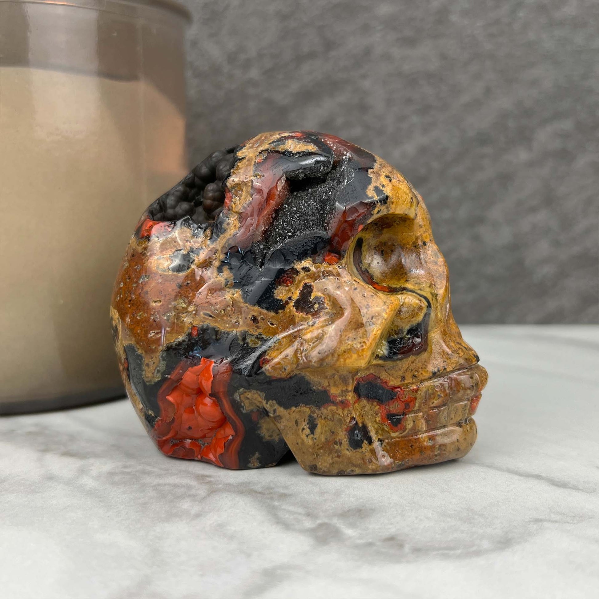 Rare Volcanic Red Fox (Orrelanite) Botryoidal Agate Skull Carving