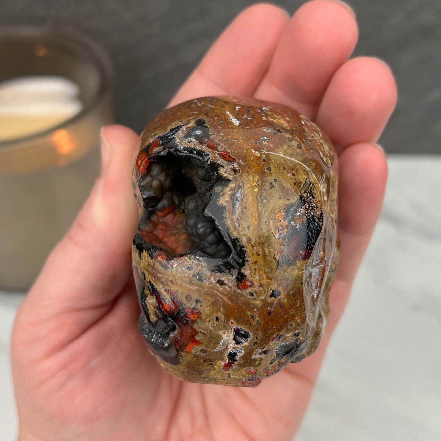 Rare Volcanic Red Fox (Orrelanite) Botryoidal Agate Skull Carving