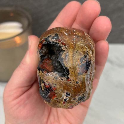 Rare Volcanic Red Fox (Orrelanite) Botryoidal Agate Skull Carving