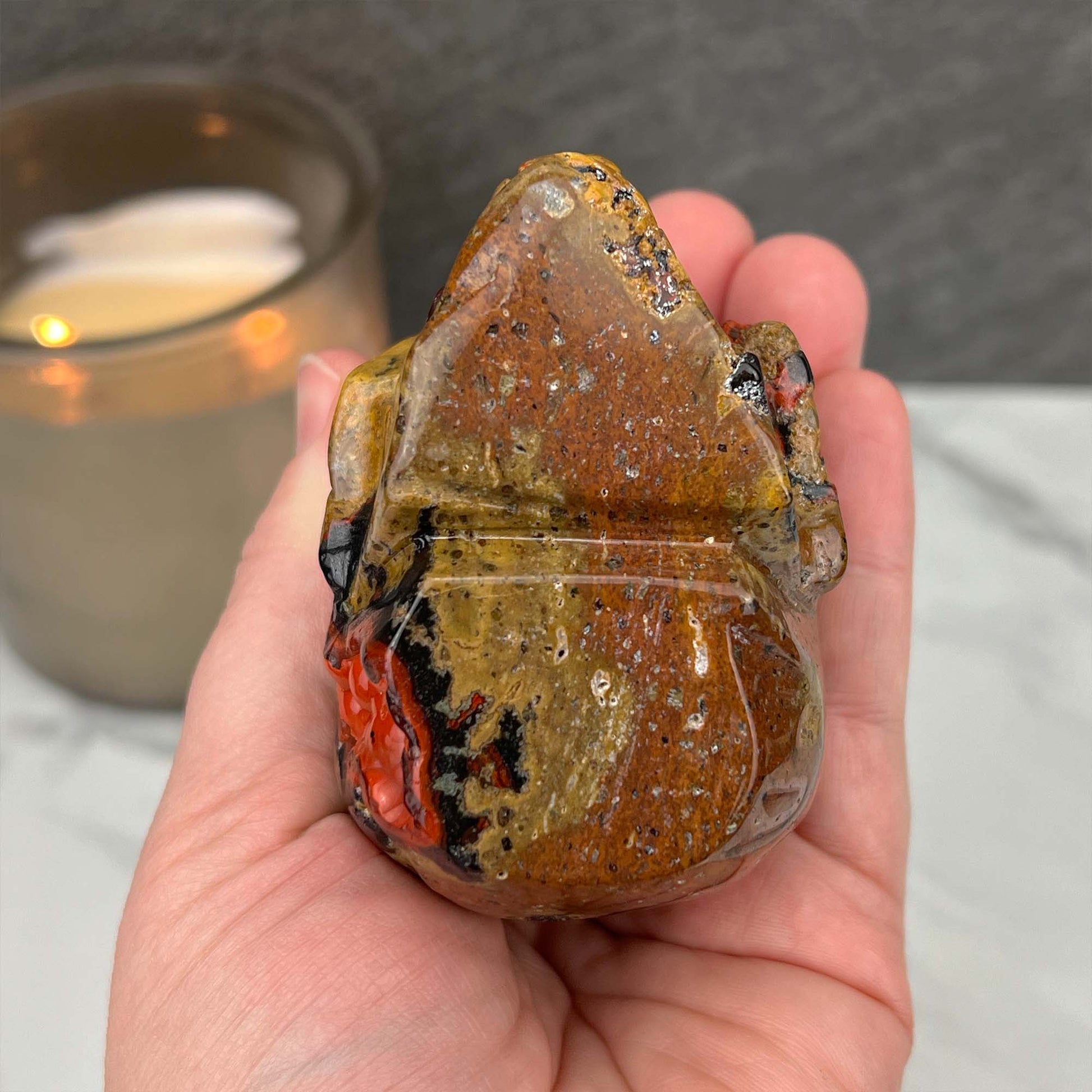 Rare Volcanic Red Fox (Orrelanite) Botryoidal Agate Skull Carving