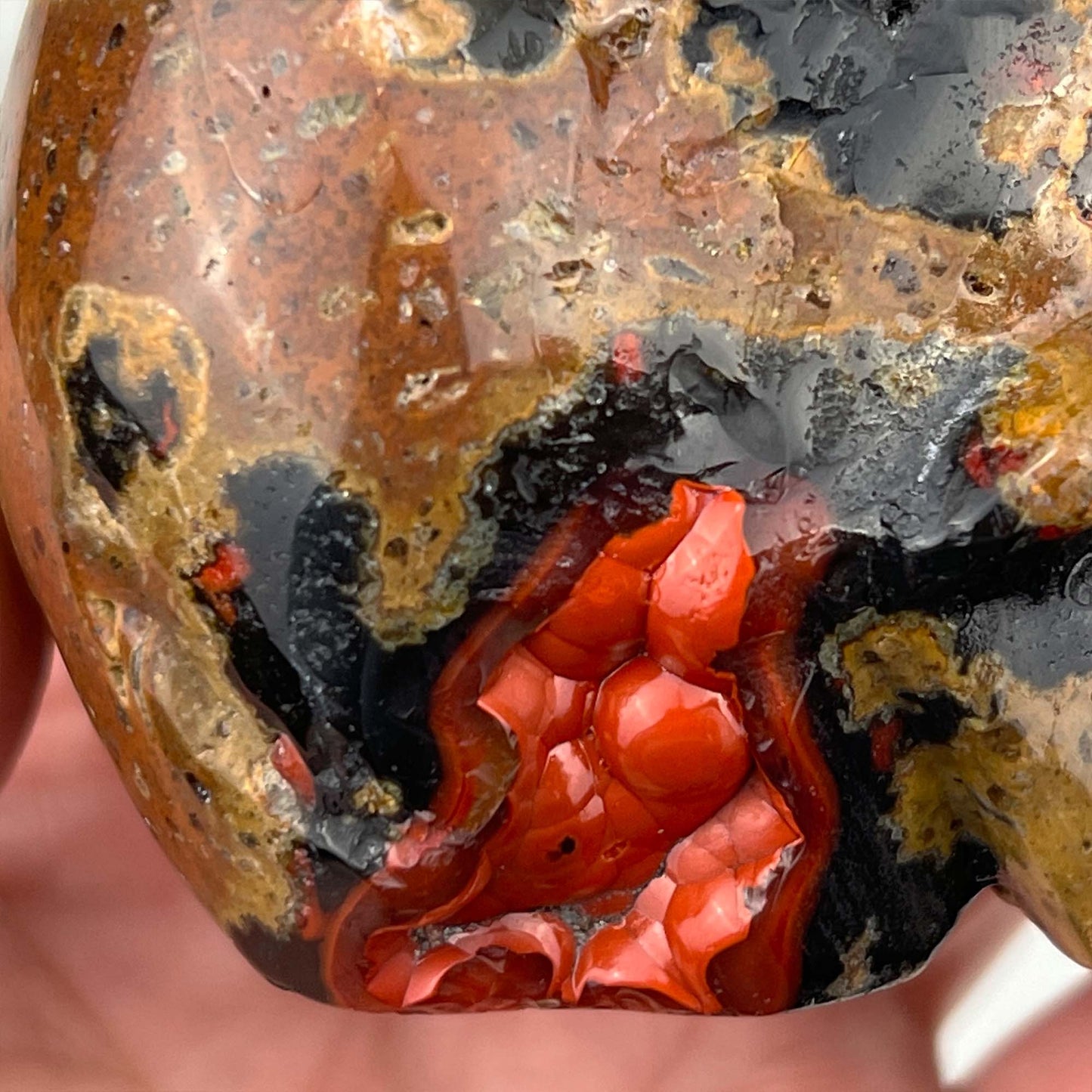 Rare Volcanic Red Fox (Orrelanite) Botryoidal Agate Skull Carving