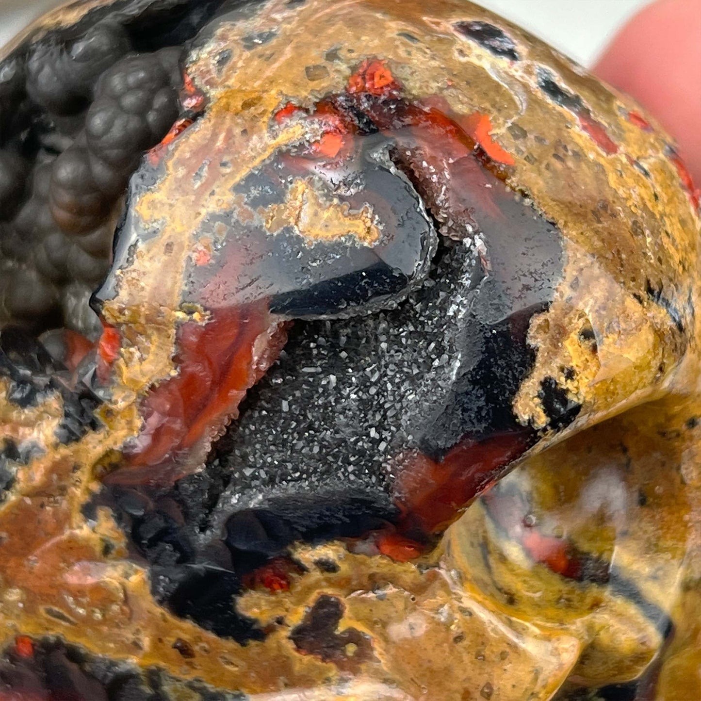 Rare Volcanic Red Fox (Orrelanite) Botryoidal Agate Skull Carving