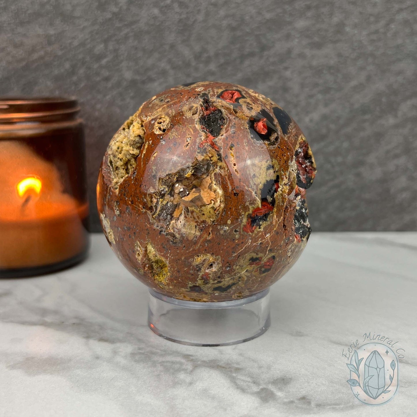 77mm Volcanic Red Fox (Orrelanite) Botryoidal Agate Sphere