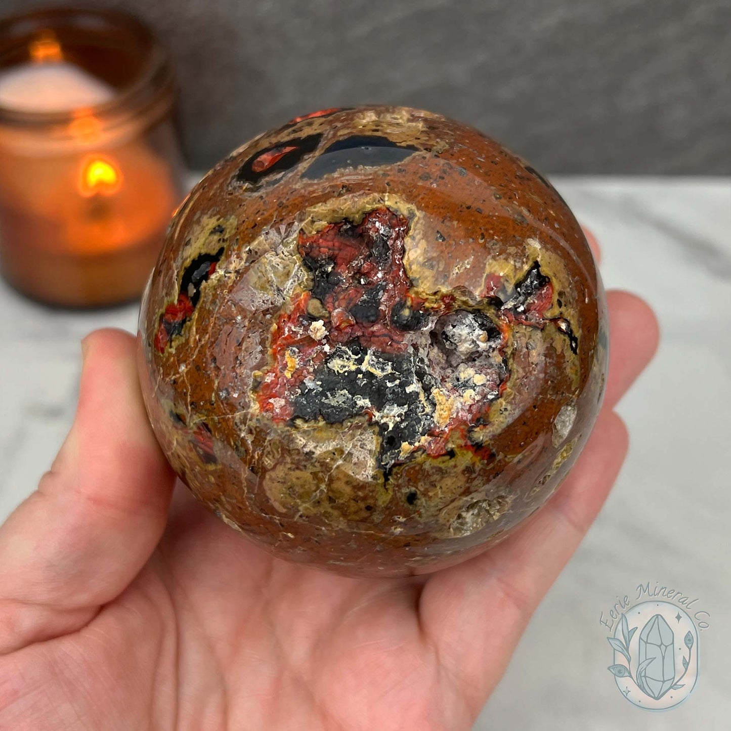77mm Volcanic Red Fox (Orrelanite) Botryoidal Agate Sphere