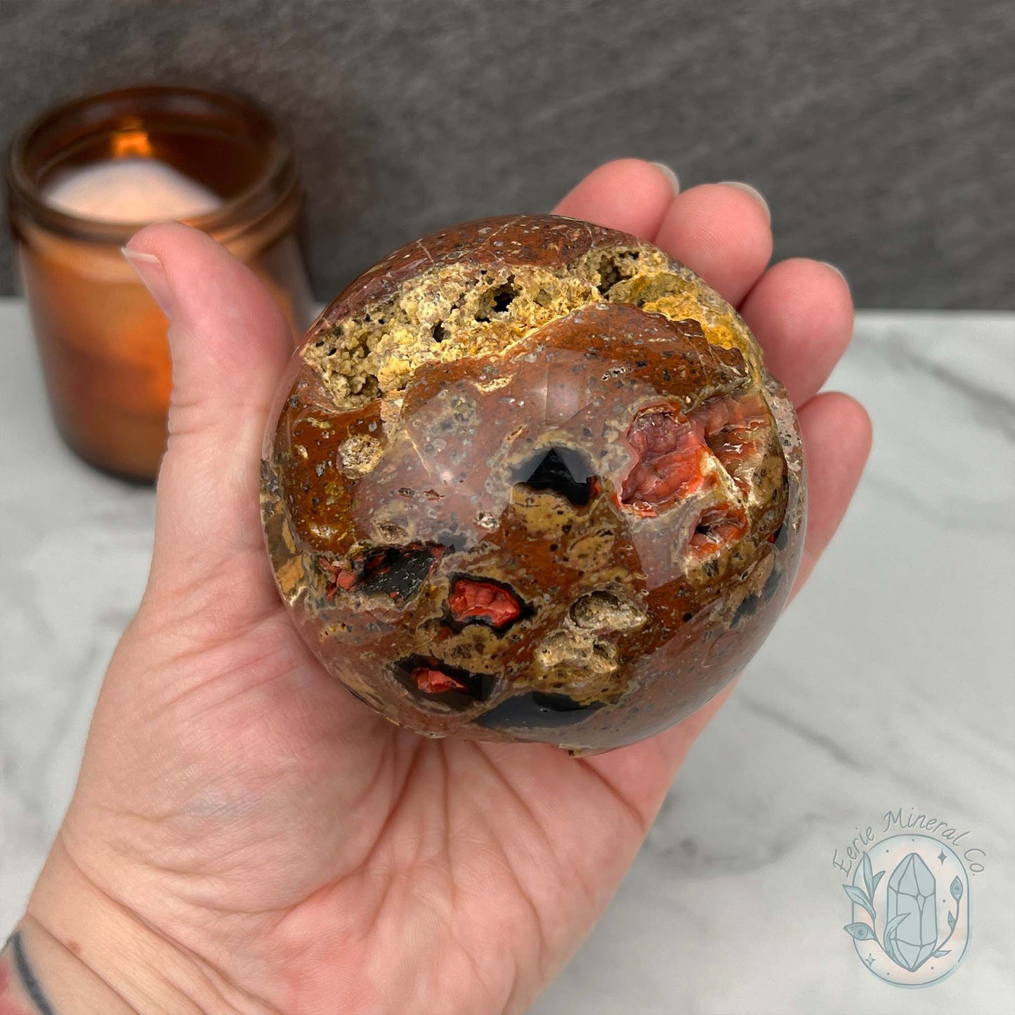 77mm Volcanic Red Fox (Orrelanite) Botryoidal Agate Sphere