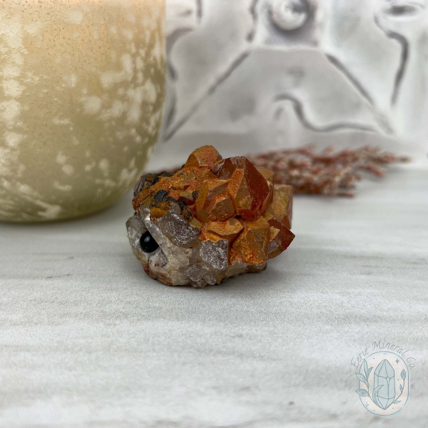 Quartz with Red Hematite Crystal Cluster Hedgehog Carving Specimen