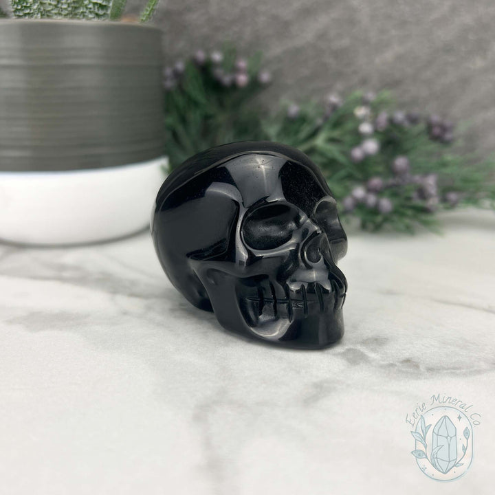 Polished Silver Obsidian Skull Carving