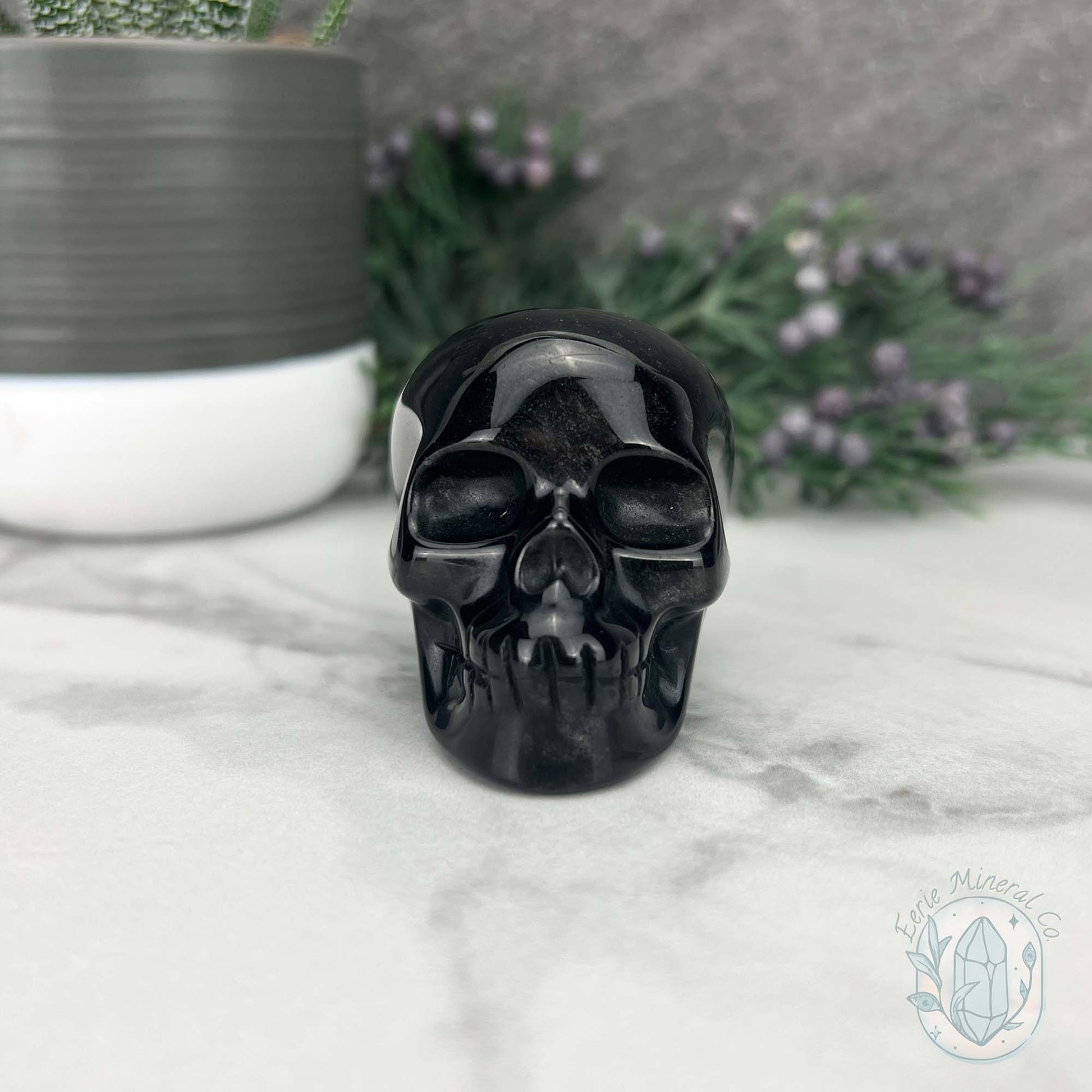 Polished Silver Obsidian Skull Carving