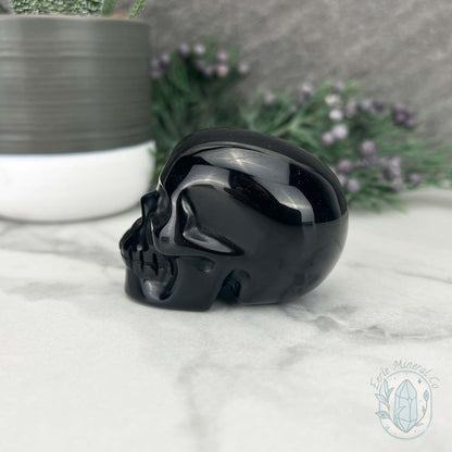 Polished Silver Obsidian Skull Carving