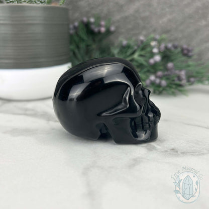 Polished Silver Obsidian Skull Carving