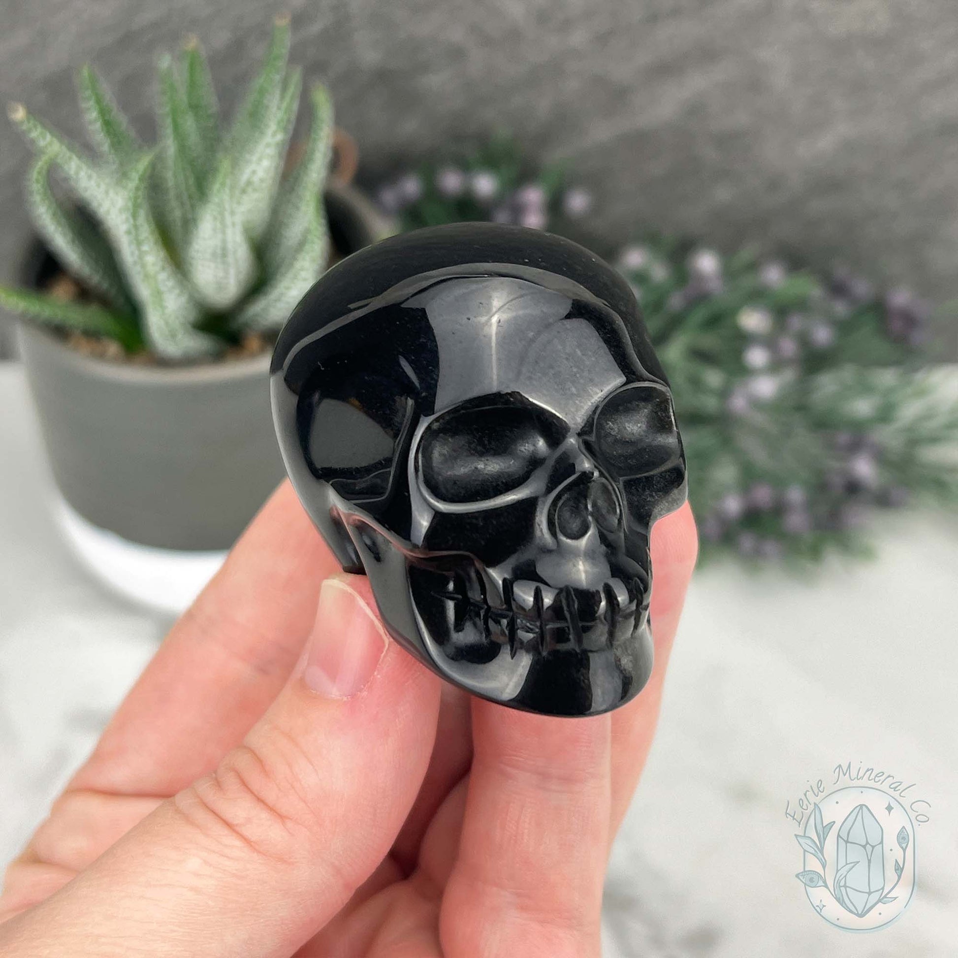 Polished Silver Obsidian Skull Carving