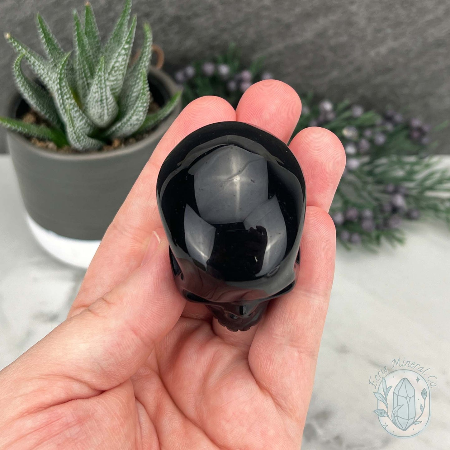 Polished Silver Obsidian Skull Carving