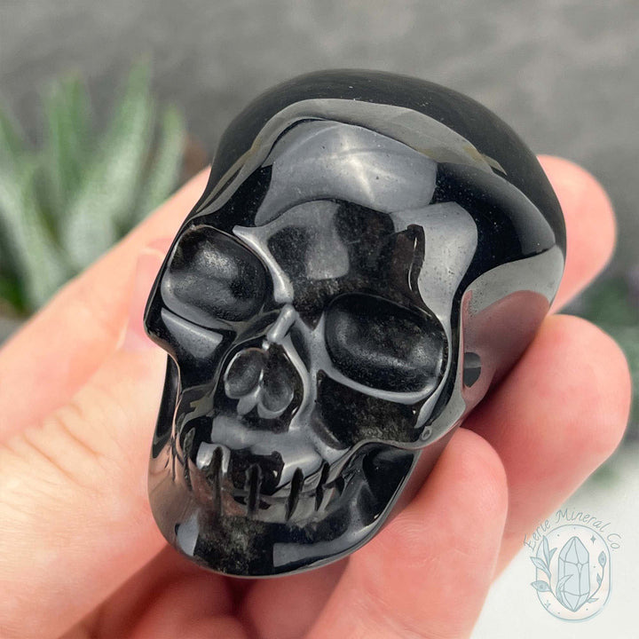 Polished Silver Obsidian Skull Carving
