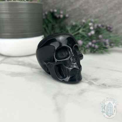 Polished Silver Sheen Obsidian Skull Carving