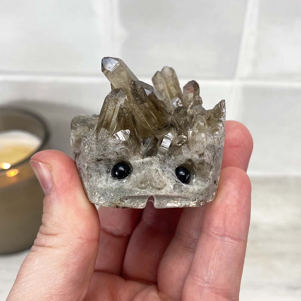 Smoky Quartz Crystal Cluster Specimen Hedgehog Carving