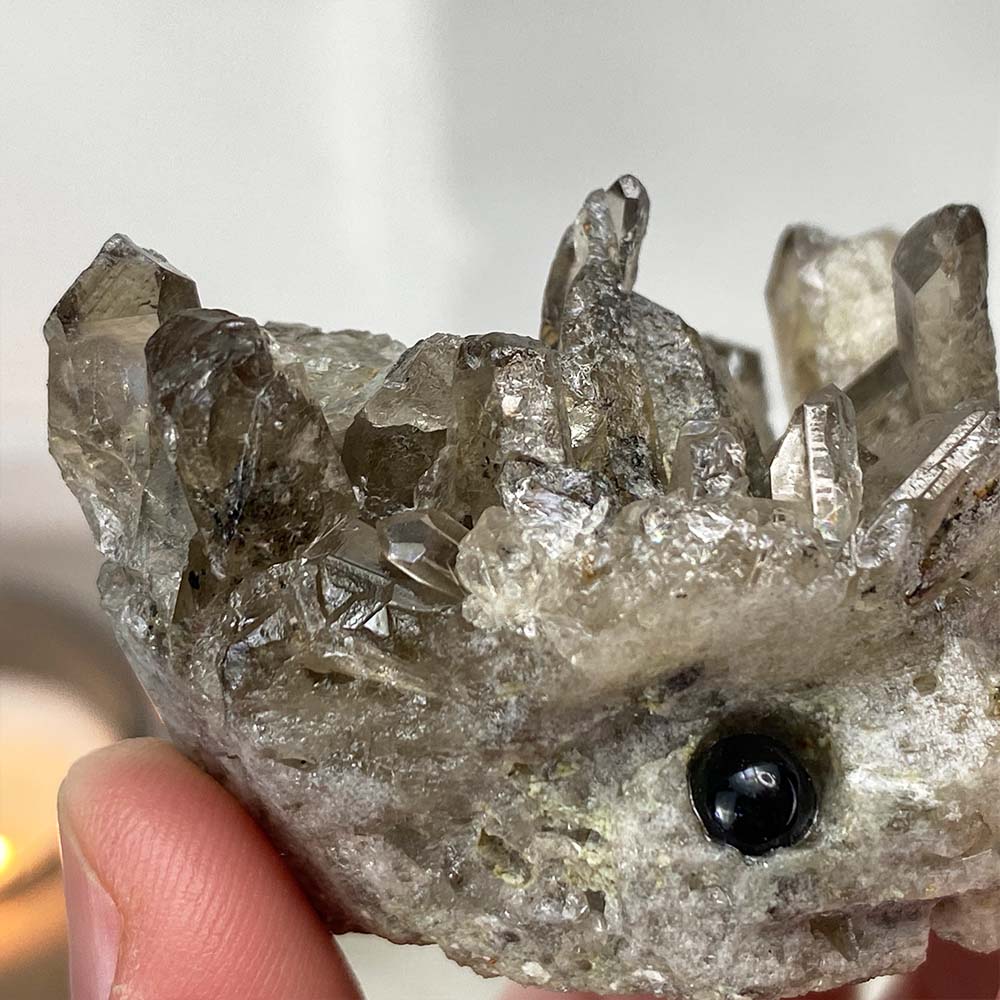 Smoky Quartz Crystal Cluster Specimen Hedgehog Carving