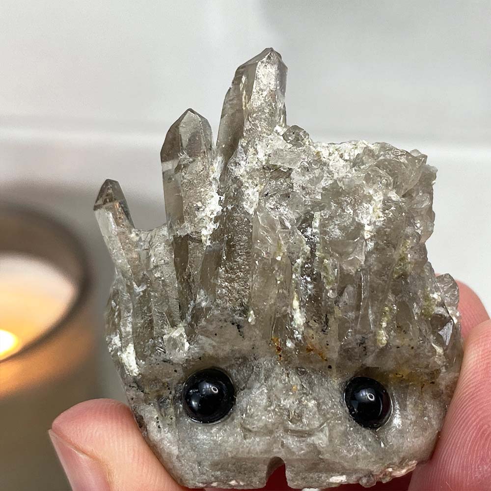 Smoky Quartz Crystal Cluster Specimen Hedgehog Carving