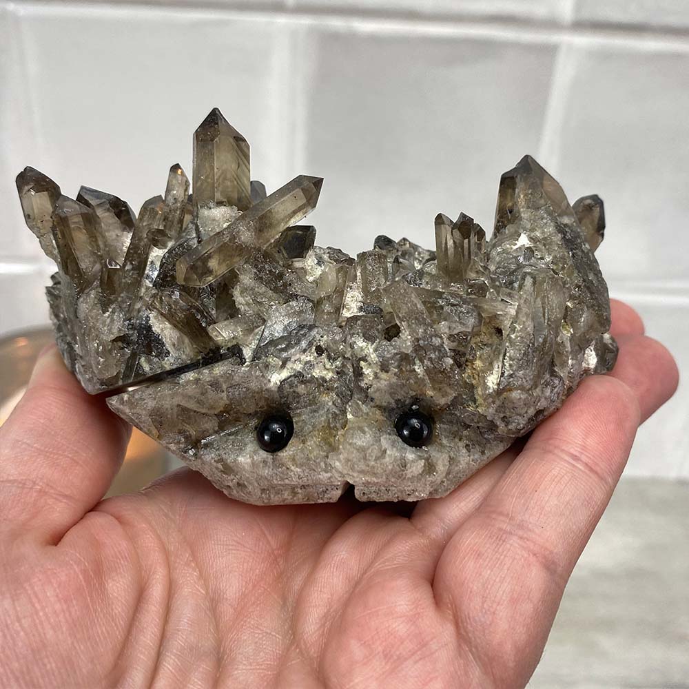 Smoky Quartz Crystal Cluster Specimen Hedgehog Carving