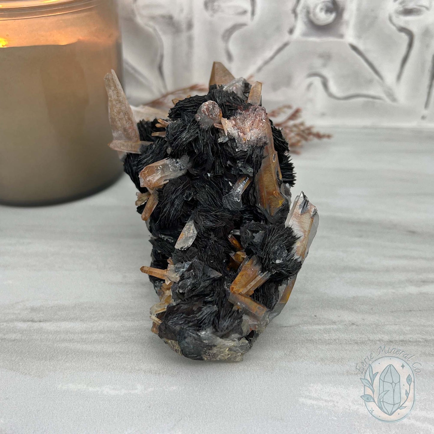 Black Specularite with Clear Quartz Crystal Specimen