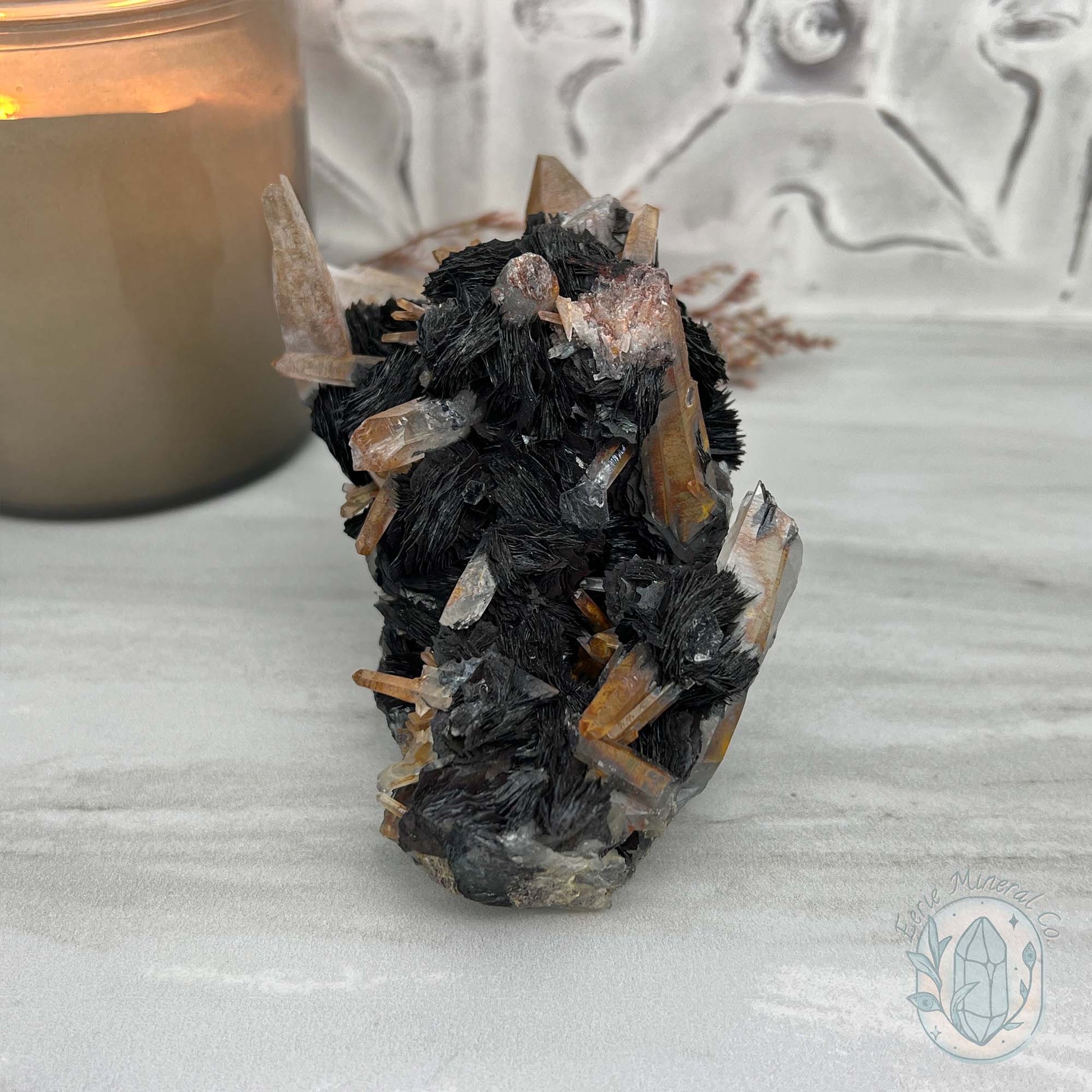 Black Specularite with Clear Quartz Crystal Specimen