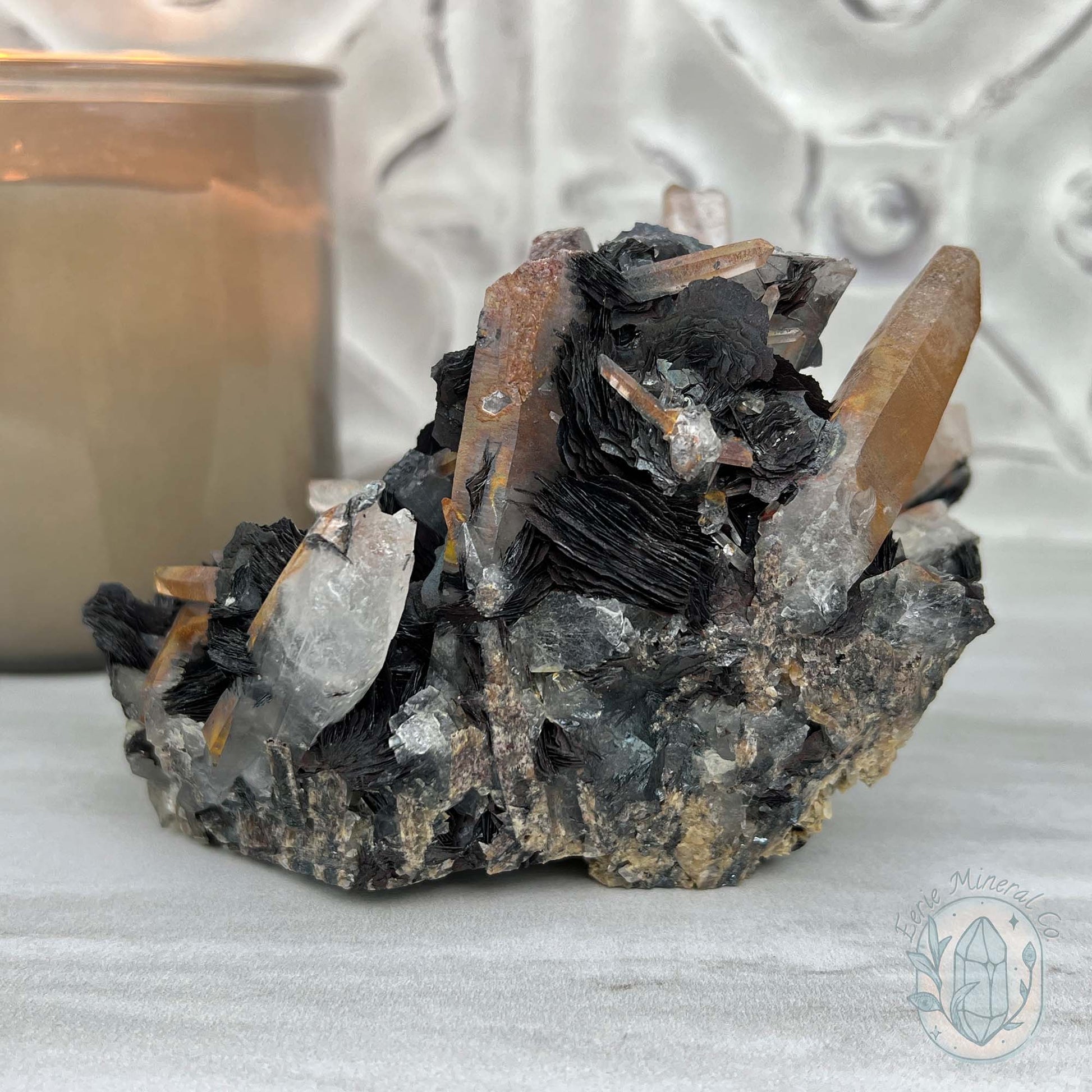 Black Specularite with Clear Quartz Crystal Specimen