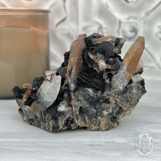 Black Specularite with Clear Quartz Crystal Specimen