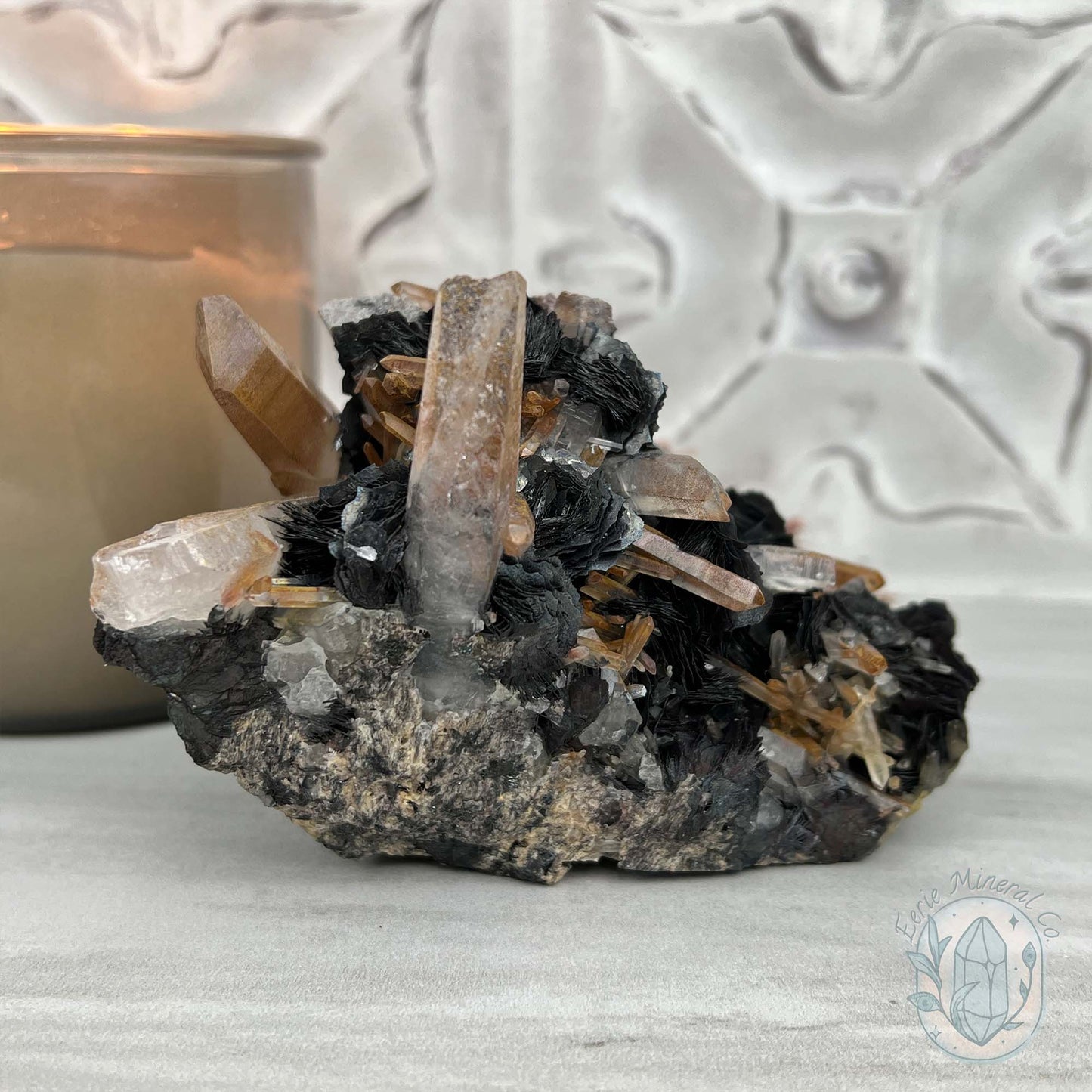 Black Specularite with Clear Quartz Crystal Specimen