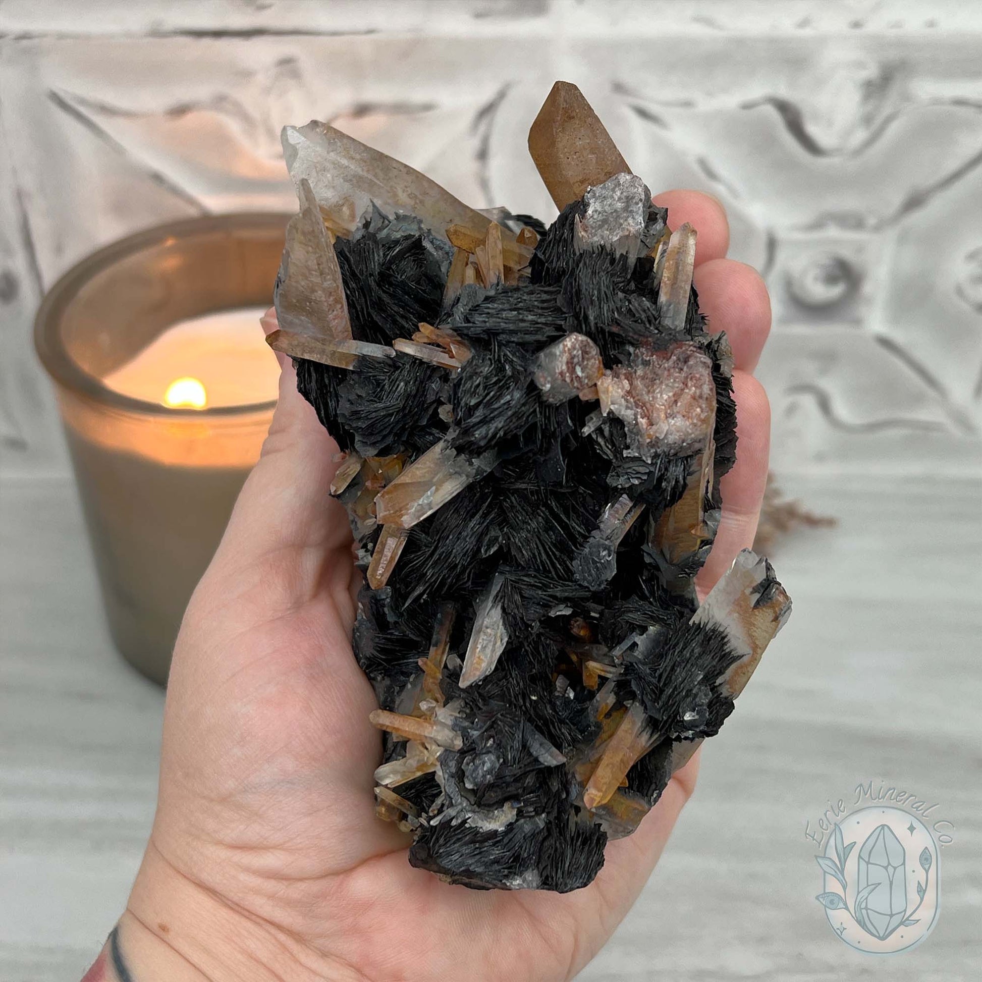 Black Specularite with Clear Quartz Crystal Specimen