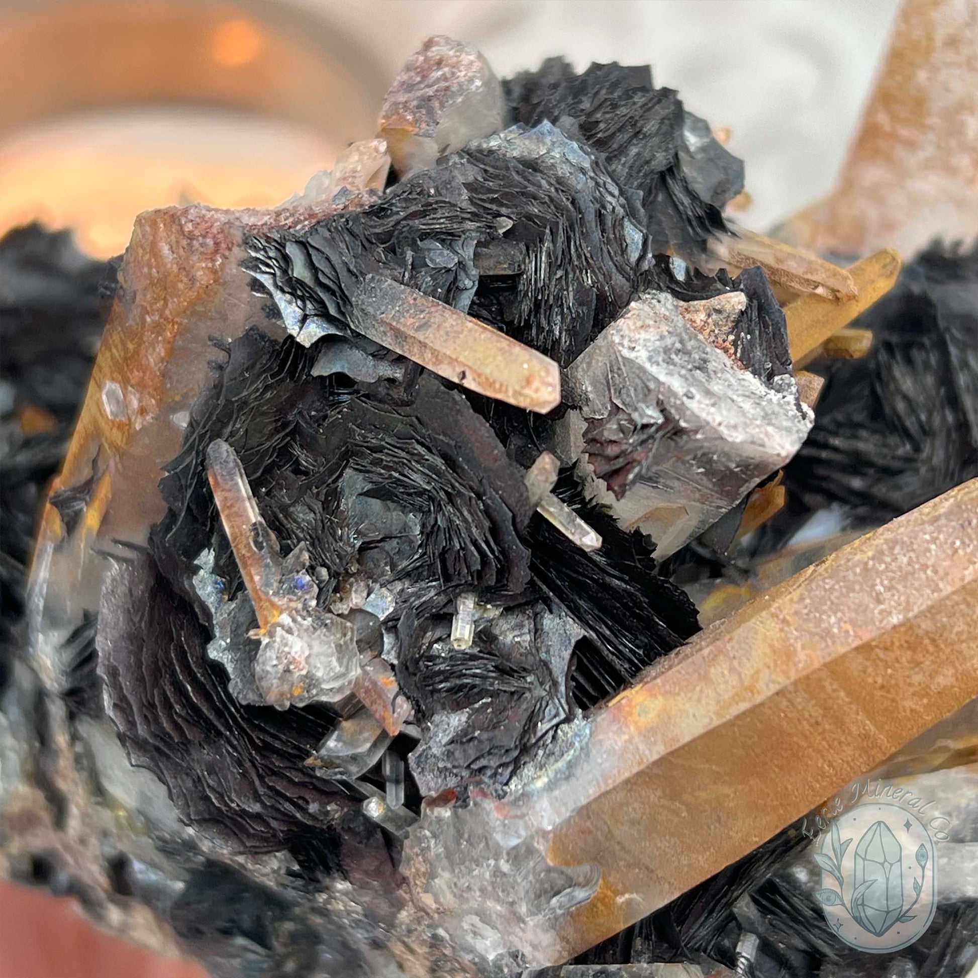 Black Specularite with Clear Quartz Crystal Specimen