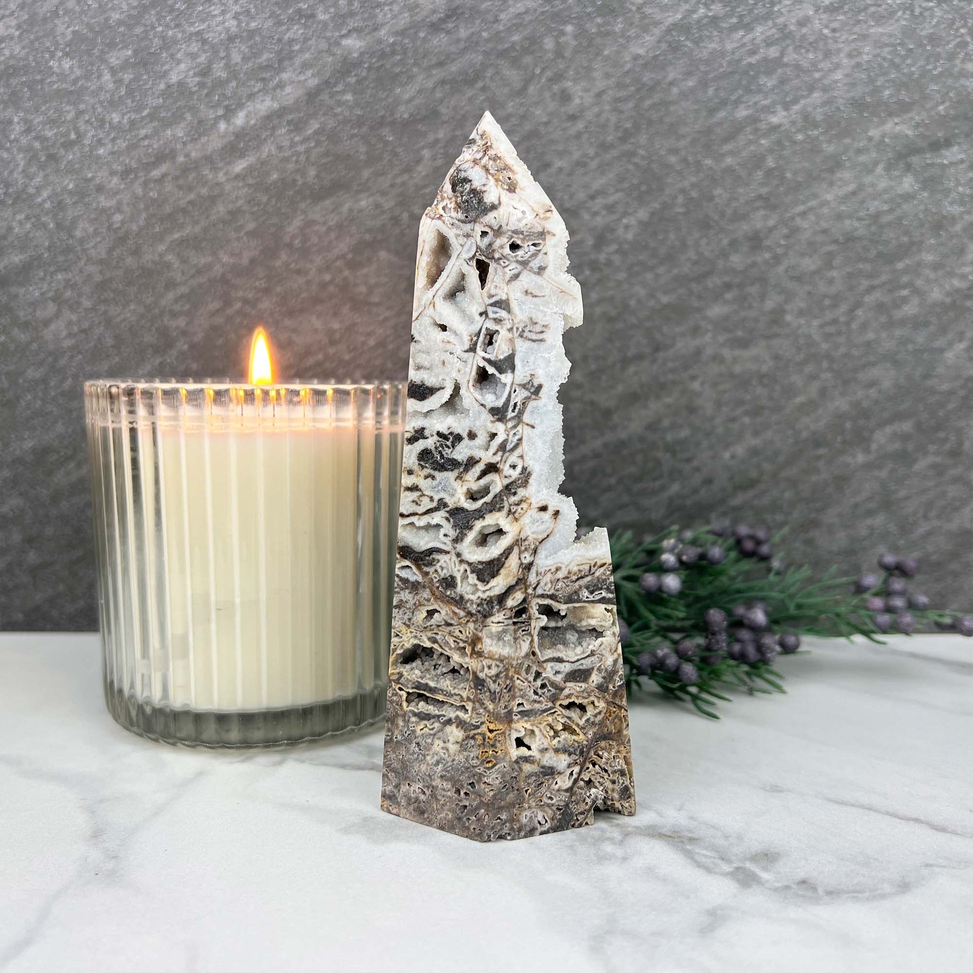 Sandy Colored Sphalerite with Druzy Quartz Tower