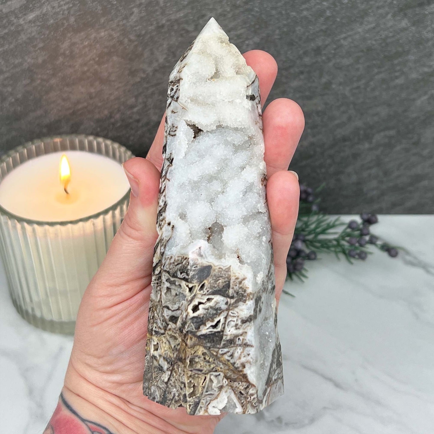 Sandy Colored Sphalerite with Druzy Quartz Tower