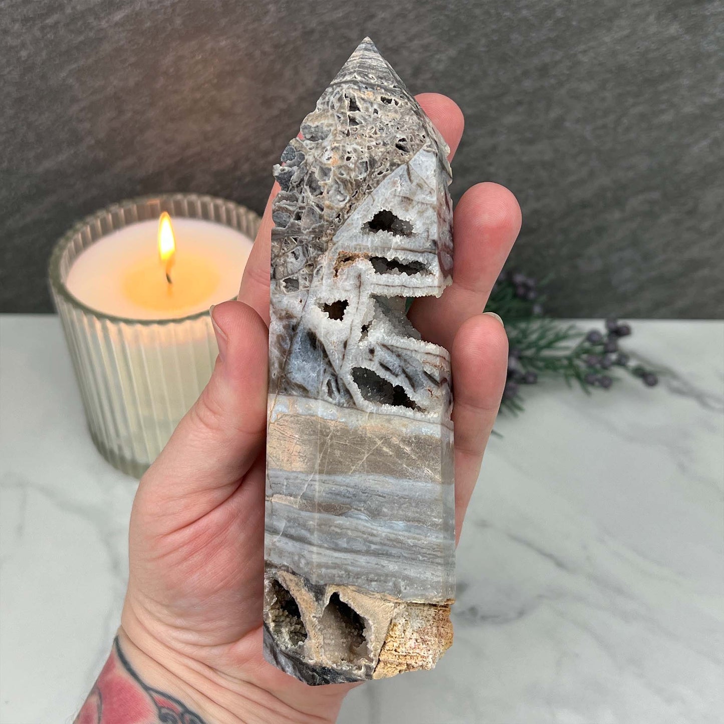 Sandy Colored Sphalerite with Druzy Quartz Tower