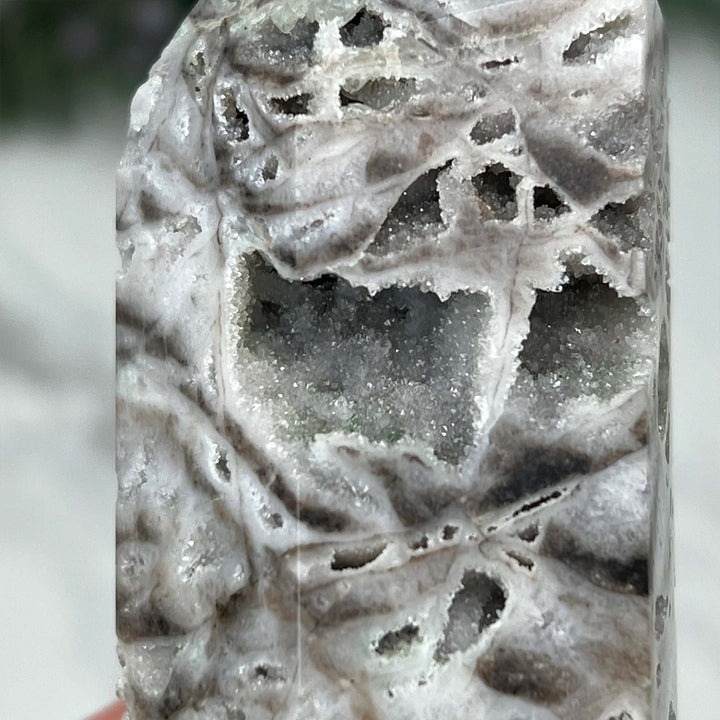 Soft White Sphalerite with Druzy Quartz Tower