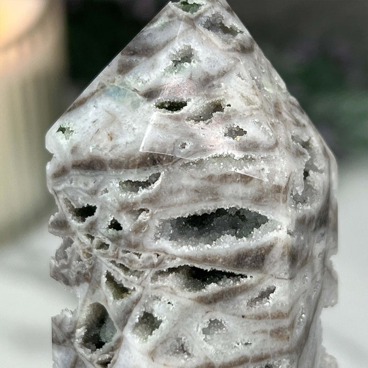 Soft White Sphalerite with Druzy Quartz Tower