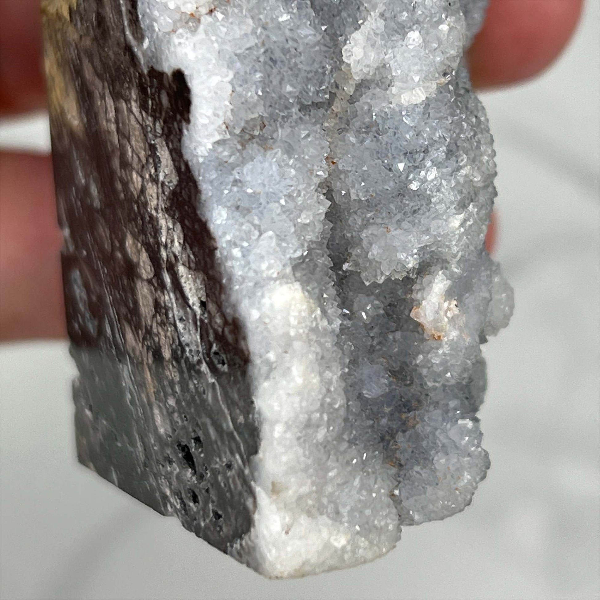 Soft White and Gray Sphalerite with Druzy Quartz Tower