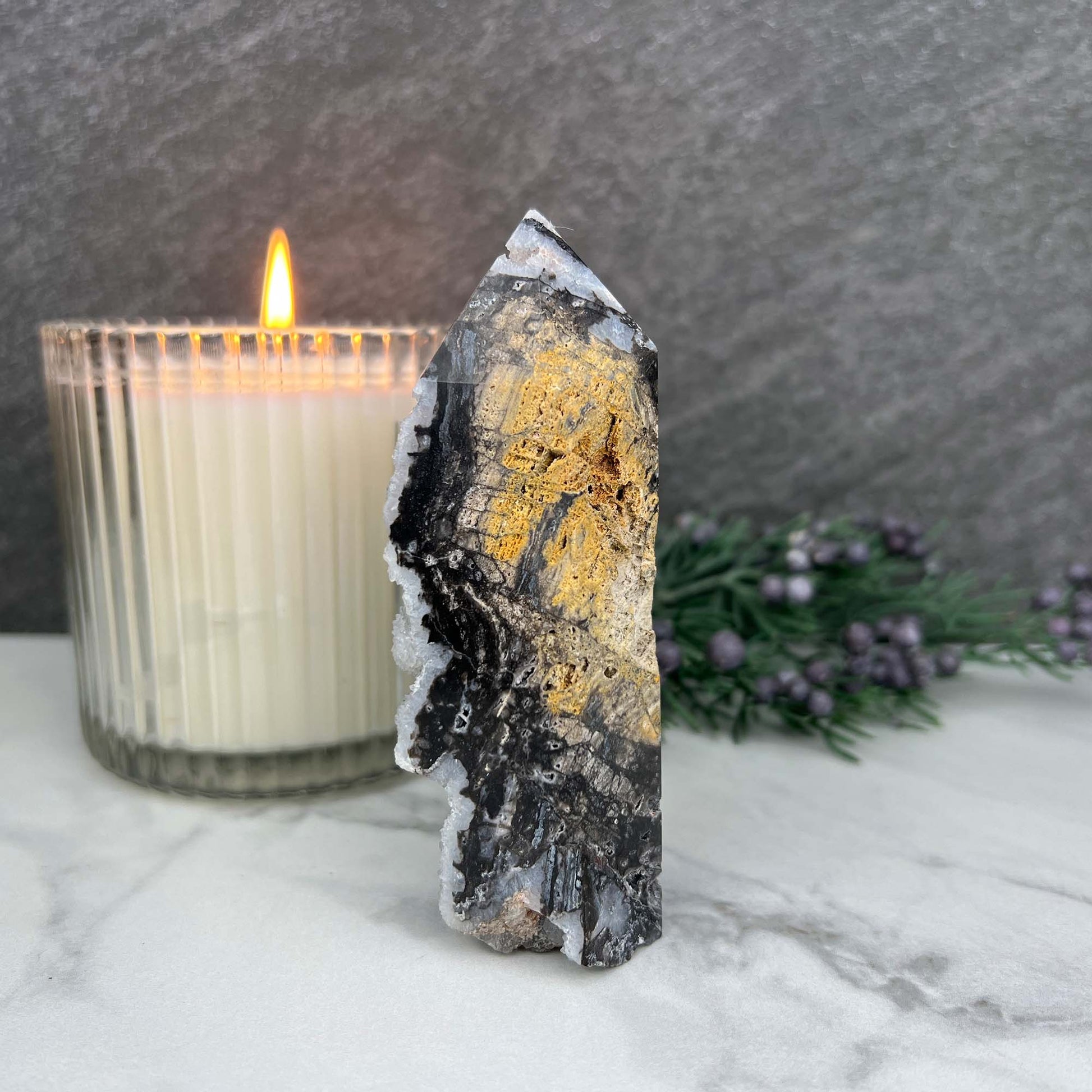 Soft White and Gray Sphalerite with Druzy Quartz Tower