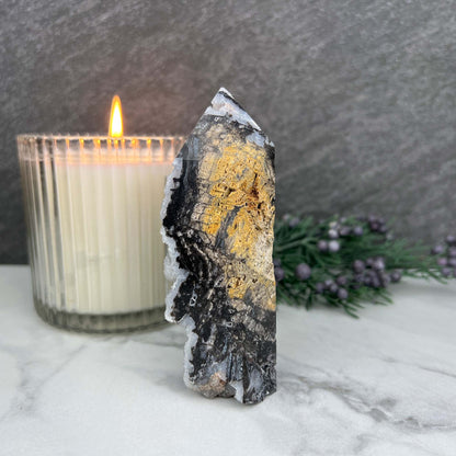 Soft White and Gray Sphalerite with Druzy Quartz Tower
