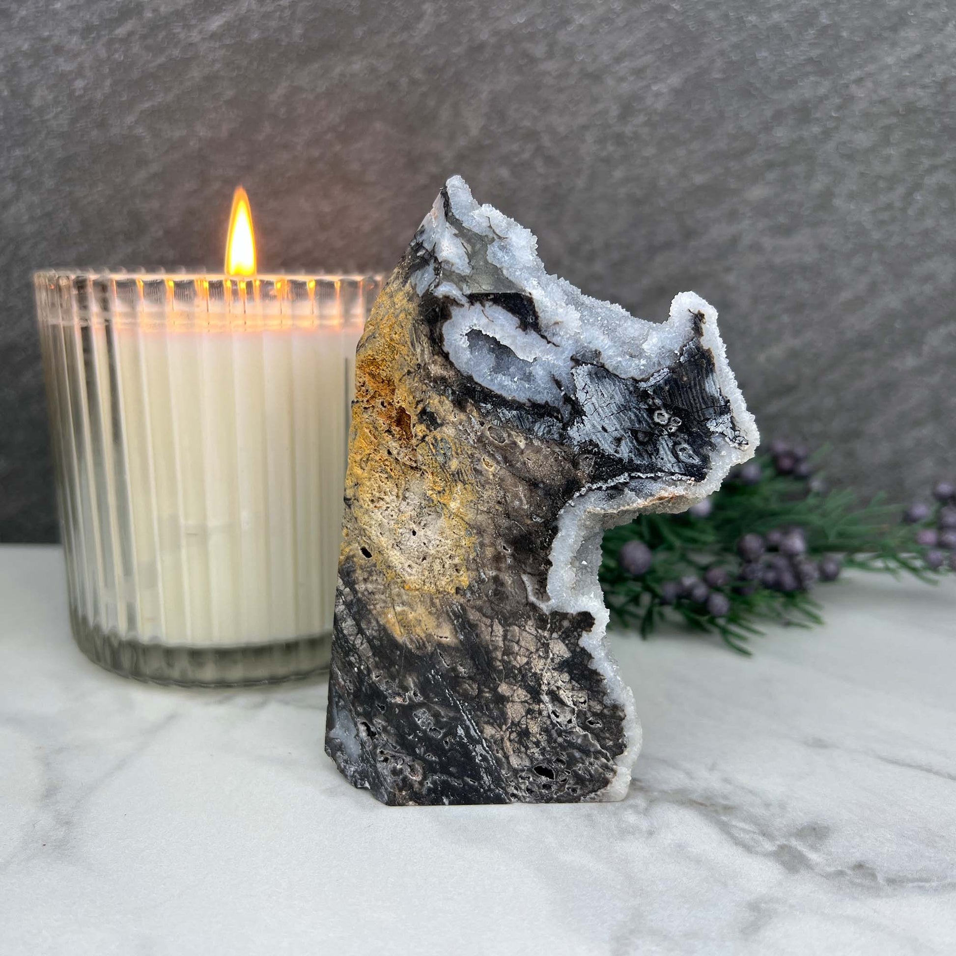 Soft White and Gray Sphalerite with Druzy Quartz Tower