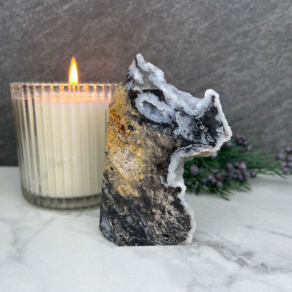 Soft White and Gray Sphalerite with Druzy Quartz Tower